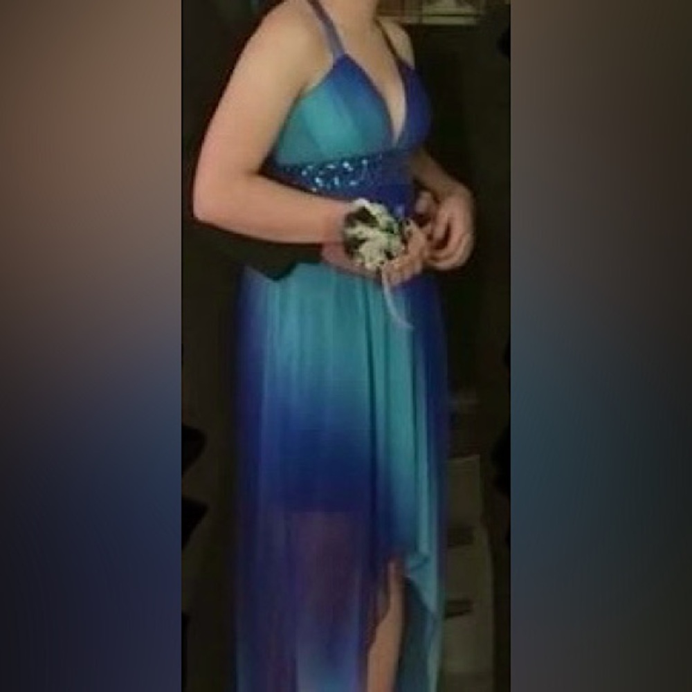 Two-Tone Blue High-Low Formal Dress | Size S | Rhinestone Detail